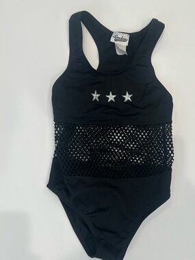 Black One-Piece Swimsuit with Mesh Waist and Silver Stars, Random Hearts